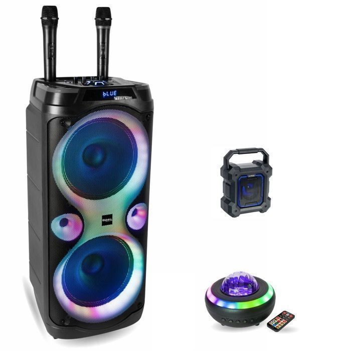 Paquete de sistema de sonido para karaoke de 1000 W: Altavoz Bluetooth USB Ibiza COLUMBA-KARAOKE - 2 micrófonos inalámbricos - 1 altavoz LED inalámbrico NEBULA - DJ
