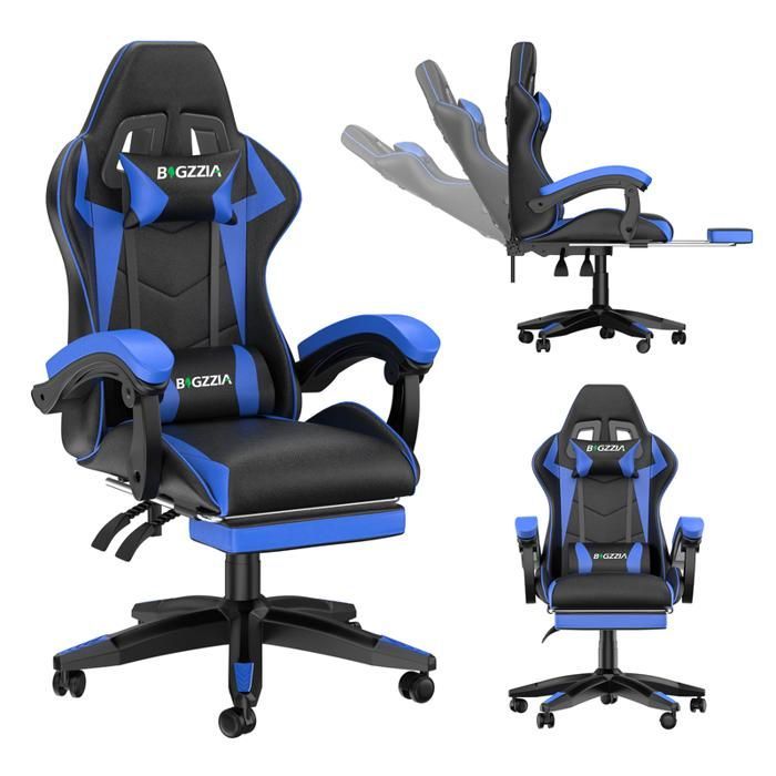 Chaise de gaming de bureau avec repose-pieds ergonomique, pivotant à 90 °, avec coussin lombaire & appuie-tête, réglable en hauteur