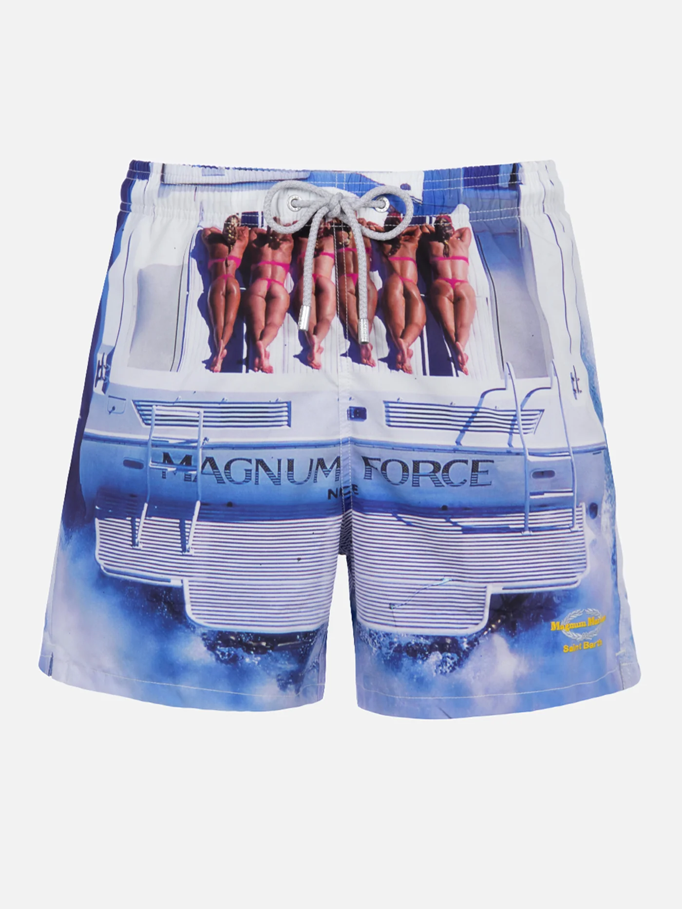 Heren Gustavia Mid-Length Zwembroek | Print met meisjes op een boot | Elastische tailleband | Klassieke pasvorm | Magnum Marine Special Edition | MC2 Saint Barth