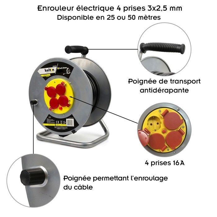 Electric cable reel - MON MOBILIER DESIGN - 4 sockets - 50 m - IP20 - H05VV-F 3G 2.5 mm²
