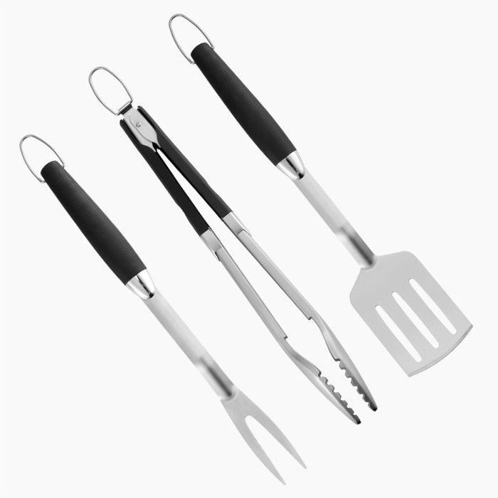 Juego de utensilios profesionales para barbacoa: tenedor para carne, pinzas para parrilla y espátula de acero inoxidable, aptos para uso alimentario.