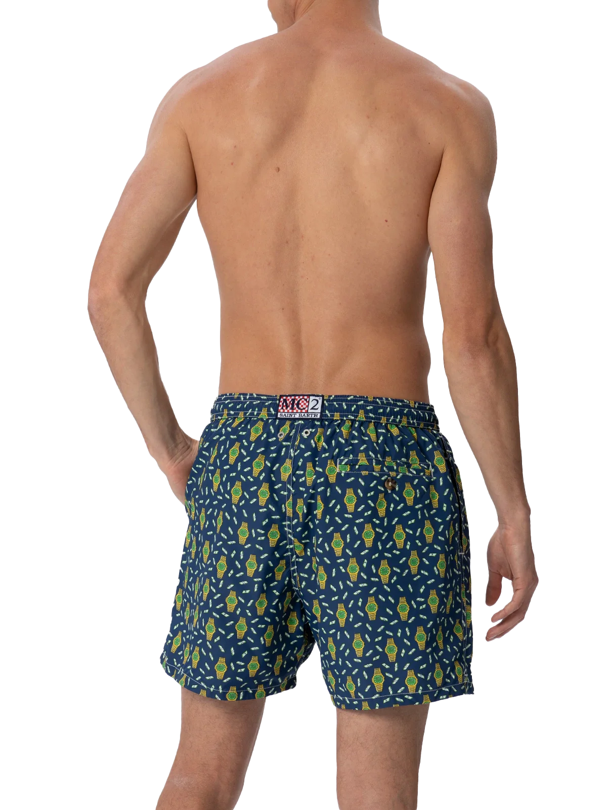 Man Lighting Mid-Length Swim Shorts with Watches Print | Blue | Quick-Drying, Elasticized & Adjustable Waist, Back Patch Pocket | MC2 Saint Barth