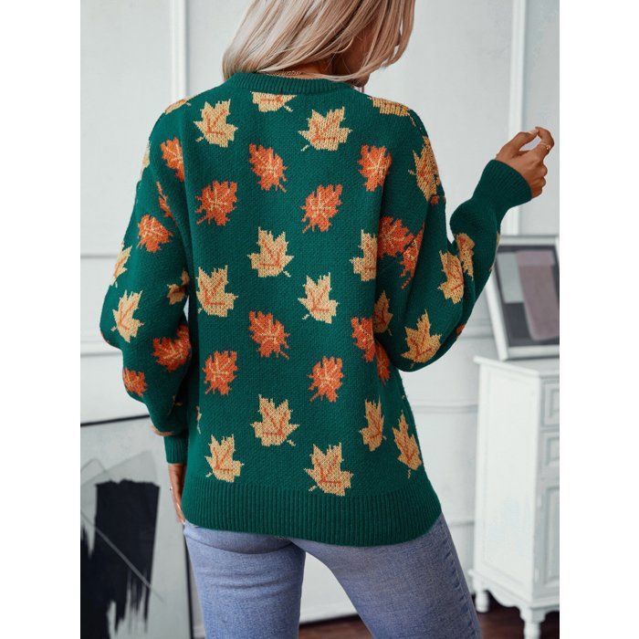 Jersey de mujer – Hojas de arce en jacquard – Otoño/Invierno – Cuello redondo – Manga larga – Verde