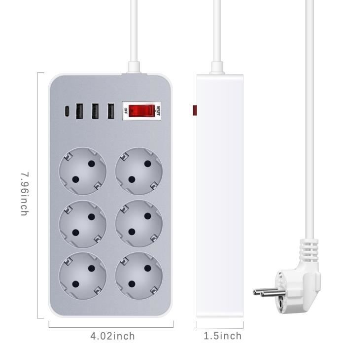 Stekkerdoos van 4000 W met schakelaar, 6 stopcontacten en 3 USB- en Type-C-poorten, 1,2 m snoer, overspanningsbeveiliging