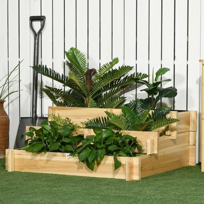 Huerto escalonado de 3 niveles Outsunny - Madera maciza - 93 x 93 x 35 cm - Efecto madera natural