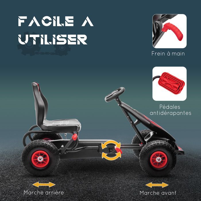 Kart à pédales pour enfant HOMCOM Go-kart siège réglable 3 positions frein à main pneus antidérapant enfant de 5 à 12 ans rouge noir