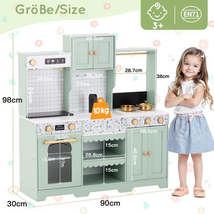 Cucina per bambini in legno - MODERNLUXE - 90x30x98 cm - Cucina completamente attrezzata - Età 3+ - Bianco e verde
