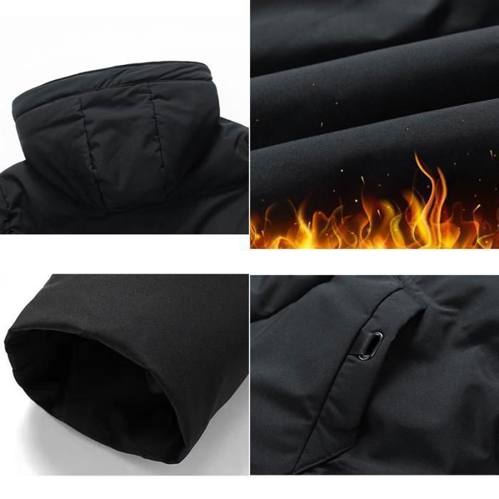 Chaqueta acolchada para hombre con capucha, abrigo de invierno cálido, chaqueta informal de largo medio con mangas largas, color liso con bolsillos – Negro