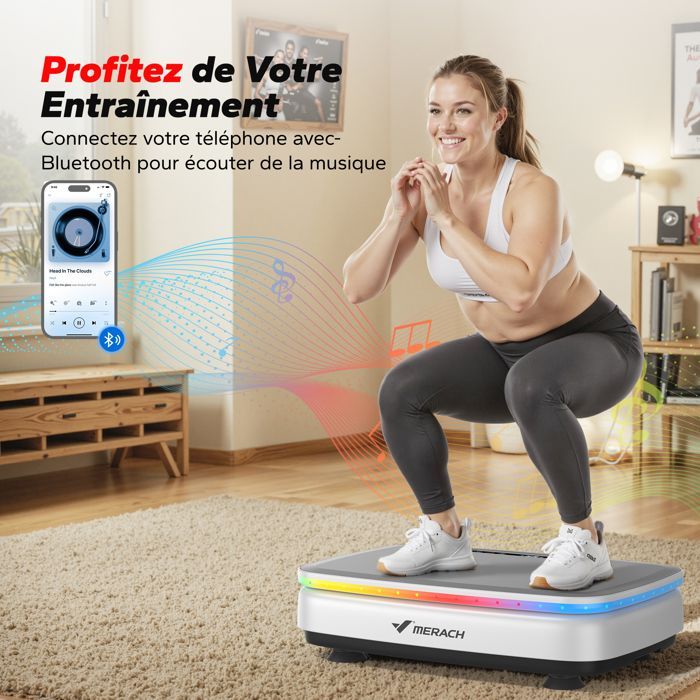MERACH Motorized Vibration Plate, 9 Programs, 99 Speeds, Non-Slip, LED Display, Remote Control, Bluetooth, 150kg Max, White