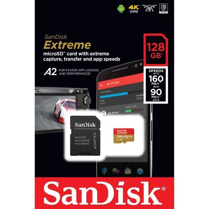 Tarjeta de memoria microSDXC SanDisk Extreme de 128 GB + adaptador SD con rendimiento de aplicaciones A2 de hasta 160 MB/s, Clase 10, U3