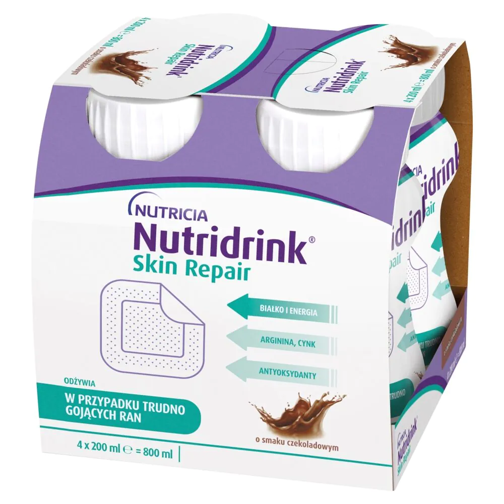 Nutridrink Skin Repair, Doustny preparat odżywczy zawierający składniki wspomagające gojenie ran, Smak czekoladowy