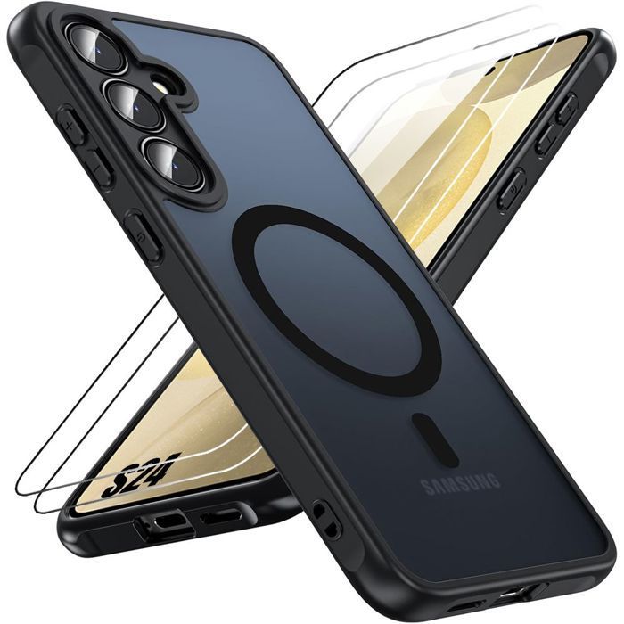 Protective Case - BOOLING - for Samsung Galaxy S24 - Shockproof - Matte Black - 2 Tempered Glass Screen Protectors