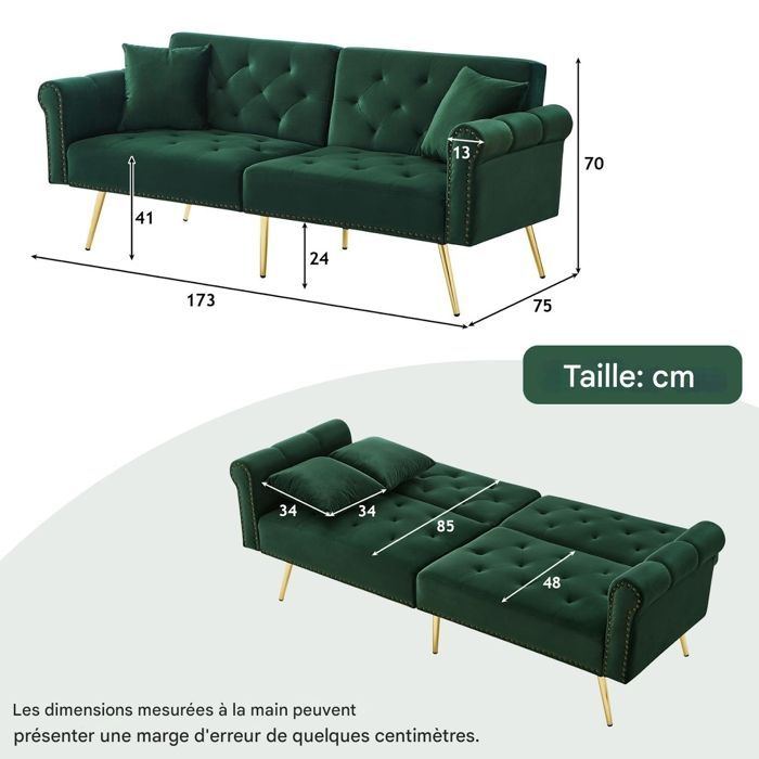 Sofá convertible - RAVAS - Sofá de 2 plazas - Terciopelo verde - Respaldo ajustable - Espacio de almacenamiento