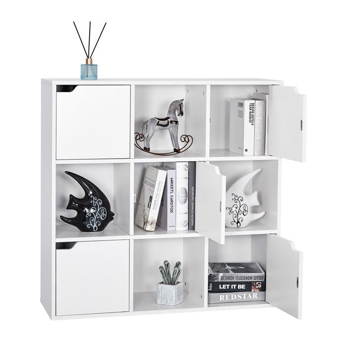Estantería modular de madera de 9 cubos, librería, armario de almacenamiento para oficina, estilo moderno, blanco - MONDEER