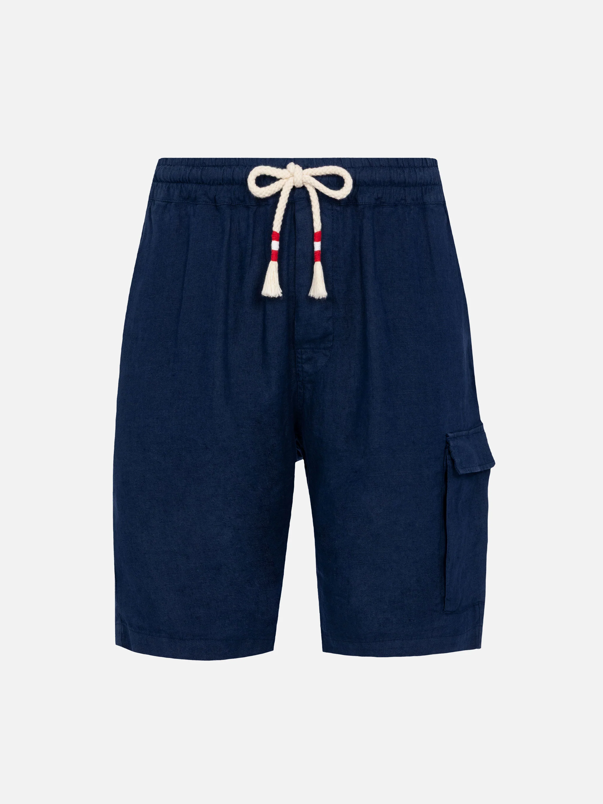 Herenbermudashorts van linnen in marineblauw, elastische tailleband, trekkoord, utility-zak, achterzakken met knoopsluiting, merklabel | MC2 Saint Barth
