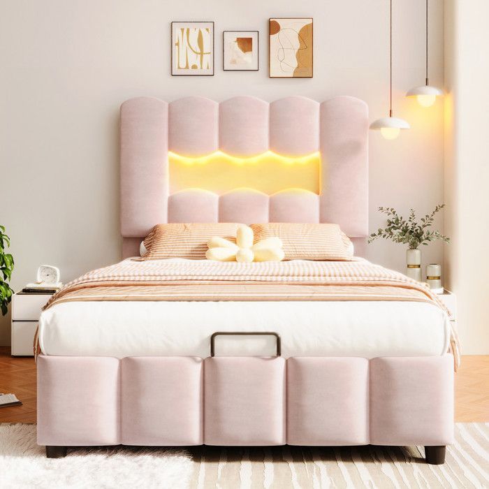 Gepolstertes Stauraumbett – MODERNLUXE – 90 x 200 cm – LED-Beleuchtung – verstellbares Kopfteil – rosa Samt