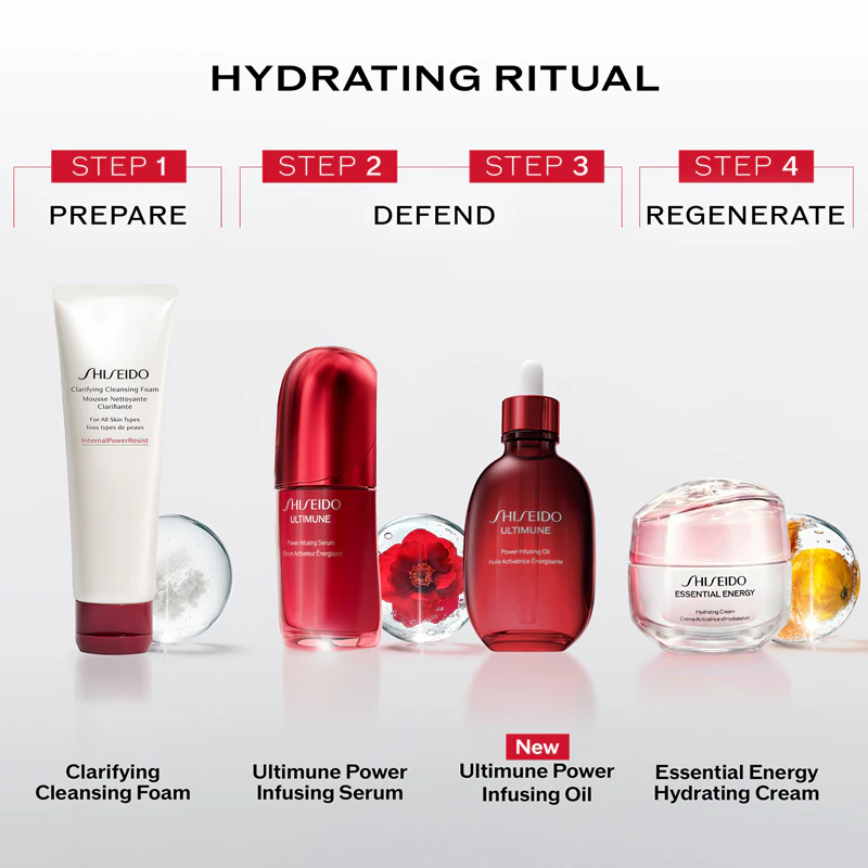 Óleo hidratante Shiseido Ultimune Power Infusing Oil para rosto, corpo e cabelo.