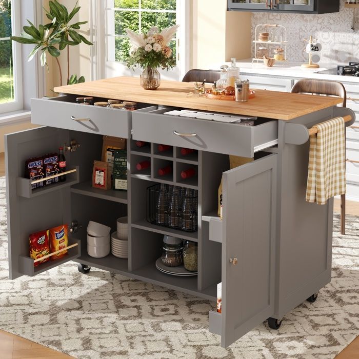 Multi-functional Kitchen Cabinet, Modern Kitchen Island, Kitchen Buffet on Wheels, Serving Cart, 102x45x92cm, Grey