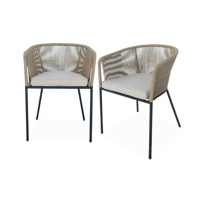 Juego de 2 sillas de jardín de cuerda beige y acero galvanizado. Cojín beige.