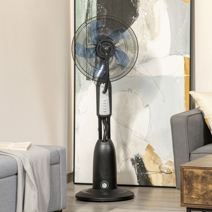 Ventilador nebulizador silencioso - HOMCOM - con ruedas, 3 velocidades, oscilación de 70°, cabezal inclinable, depósito de agua de 2,8 L - 120 cm - negro