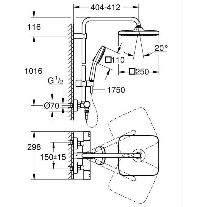 Columna de ducha con mezclador termostático - Ahorro de agua - GROHE Vitalio Comfort 250 - Cromado - 26696001