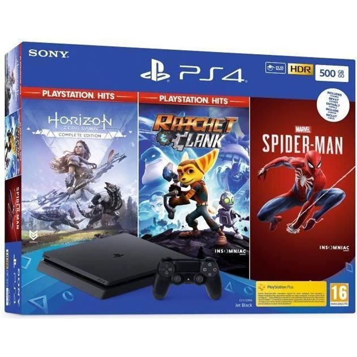 PS4 Slim 500GB Console Black/Jet Black + Horizon Zero Dawn Complete Edition + Marvel's Spider-Man + Ratchet & Clank