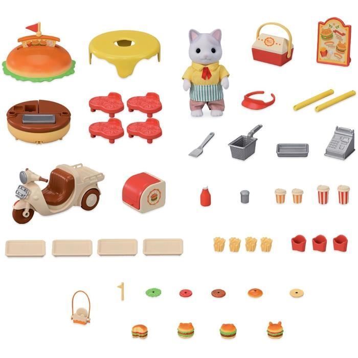 Gioco di ristorazione - SYLVANIAN FAMILIES - Chiosco di hamburger - Papà Gatto Latte e Scooter