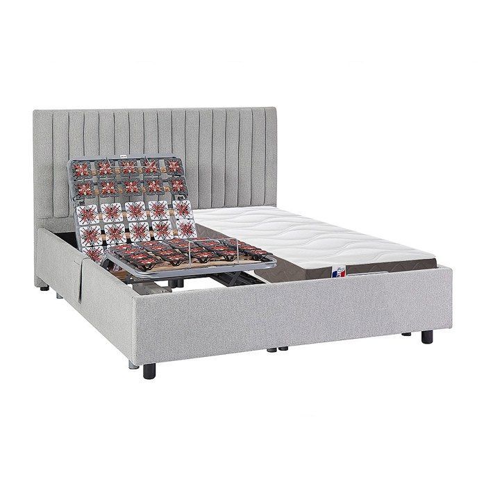 Lettino relax elettrico con doghe decorative + materasso 3 zone in lattice 100% - 2 x 70 x 190 cm - Tessuto - Grigio - TIARI by YSMÉE