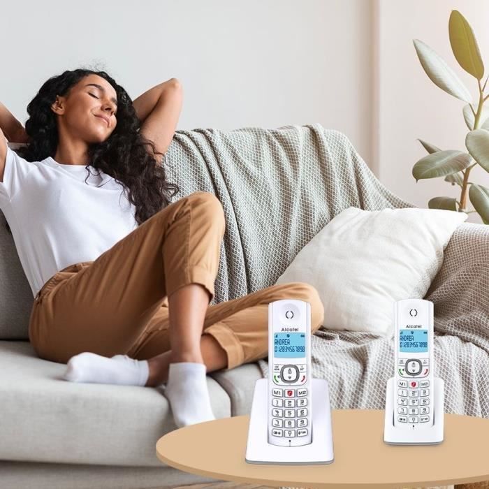 Teléfono inalámbrico - ALCATEL - F530 Duo - 2 terminales, bloqueo de llamadas, manos libres, 2 números de marcación rápida, blanco/azul