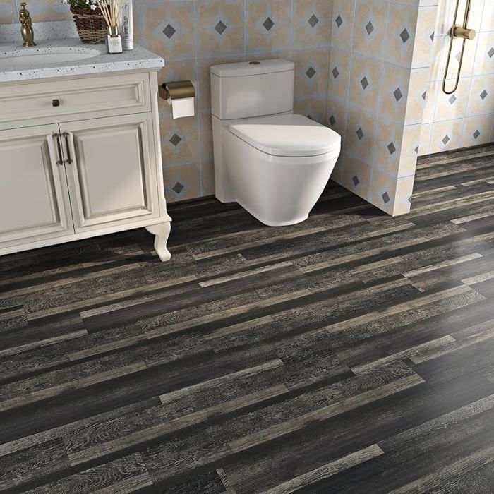 Epais lle PVC Adhesive Sol Bois Noir Rétro 90x15CM Lino Sol Adhesif Effet Parquet Adhesif 90x15CM, 18 Pièces Bois BOIS FON SOLS PVC