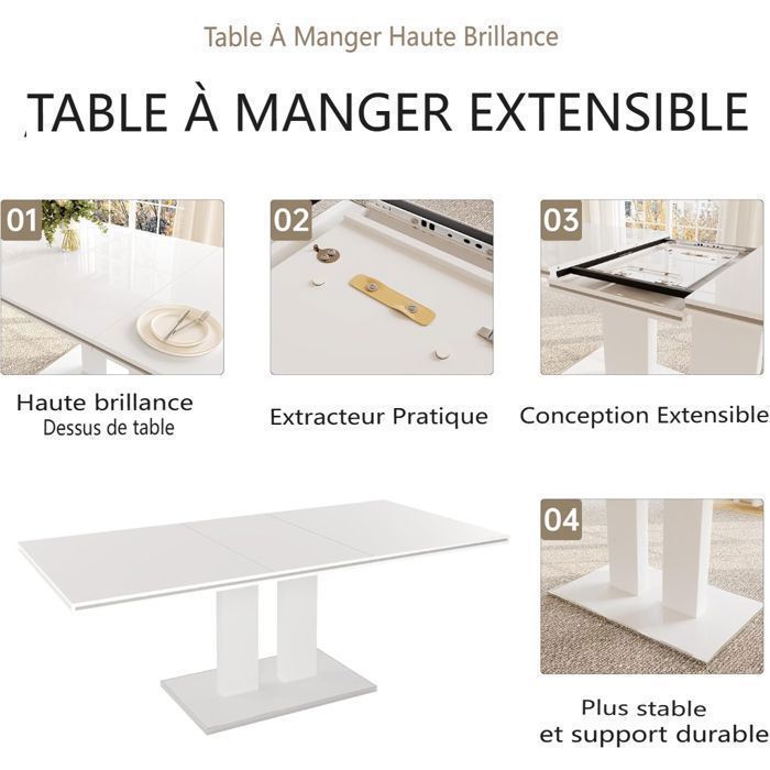 JIEXI Table extensible Table à manger moderne, table de cuisine rectangulaire en MDF 160-200 cm