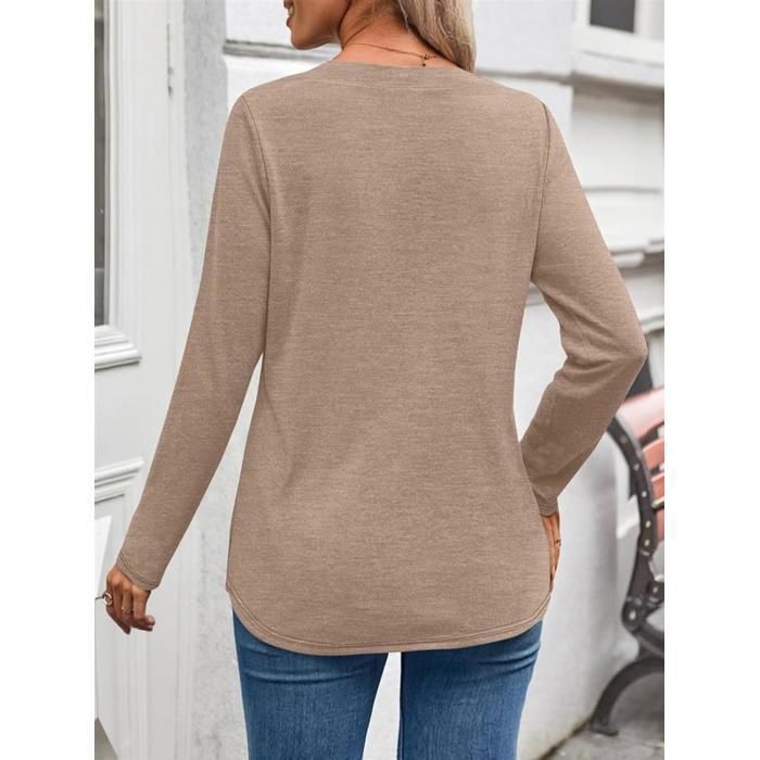 T-Shirt Manches longues Femme Printemps Col V Casual,Gris