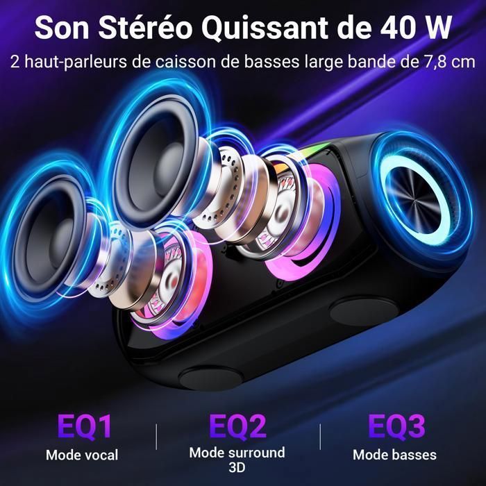 Enceinte Karaoké avec 2 Micros sans fil DJOIN Enceinte Bluetooth Portable Puissante 40W Basse Lumières RGB AUX/TF/USB pour les