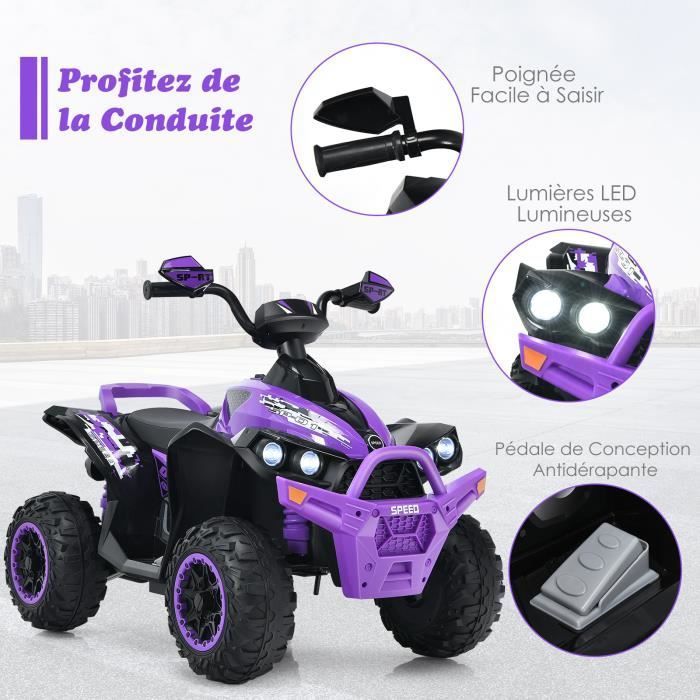 Quad eléctrico COSTWAY para niños, 12V7Ah, luces LED, música, pedales, claxon, 3-4 km/h, para niños de 3 a 8 años, morado.