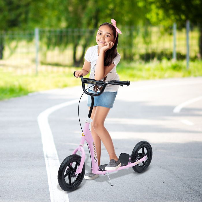 Trottinette enfant - HOMCOM - patinette pneus 30 cm hauteur guidon réglable frein béquille - acier - dès 5 ans - rose