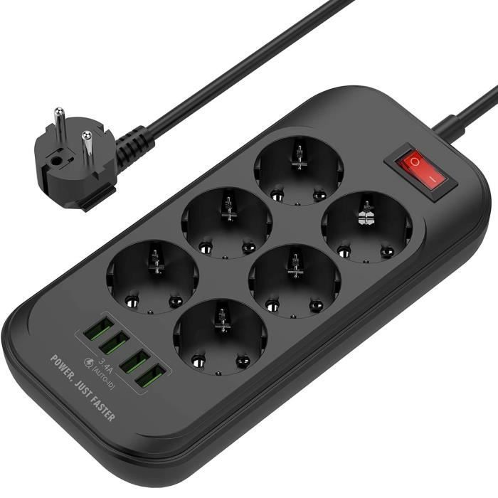 Regleta USB AUDBURN - 6 tomas de corriente - 4 puertos USB - Protección contra sobretensiones