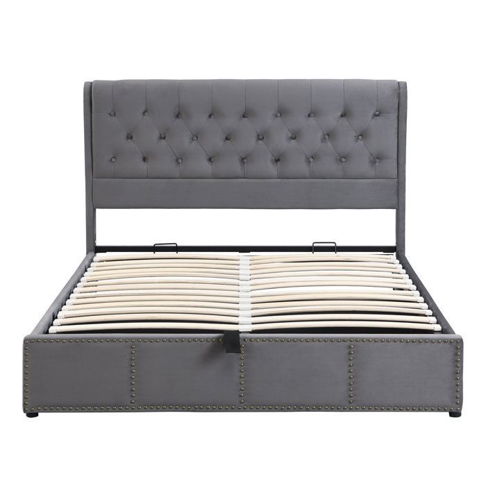 Letto contenitore 180x200 cm, meccanismo idraulico, letto matrimoniale, testiera imbottita, rete a doghe inclusa, tessuto in velluto, grigio