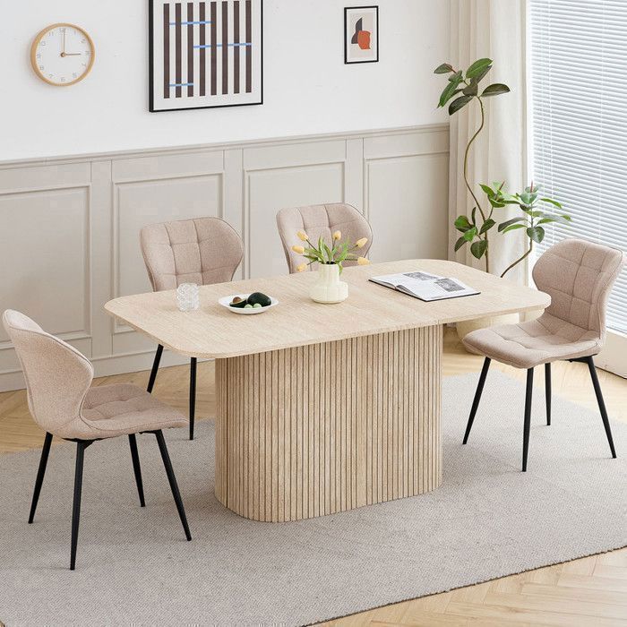 Mesa de comedor ovalada - Base de madera - Tablero grande de MDF - Estilo contemporáneo - 160 cm de largo - Travertino amarillo