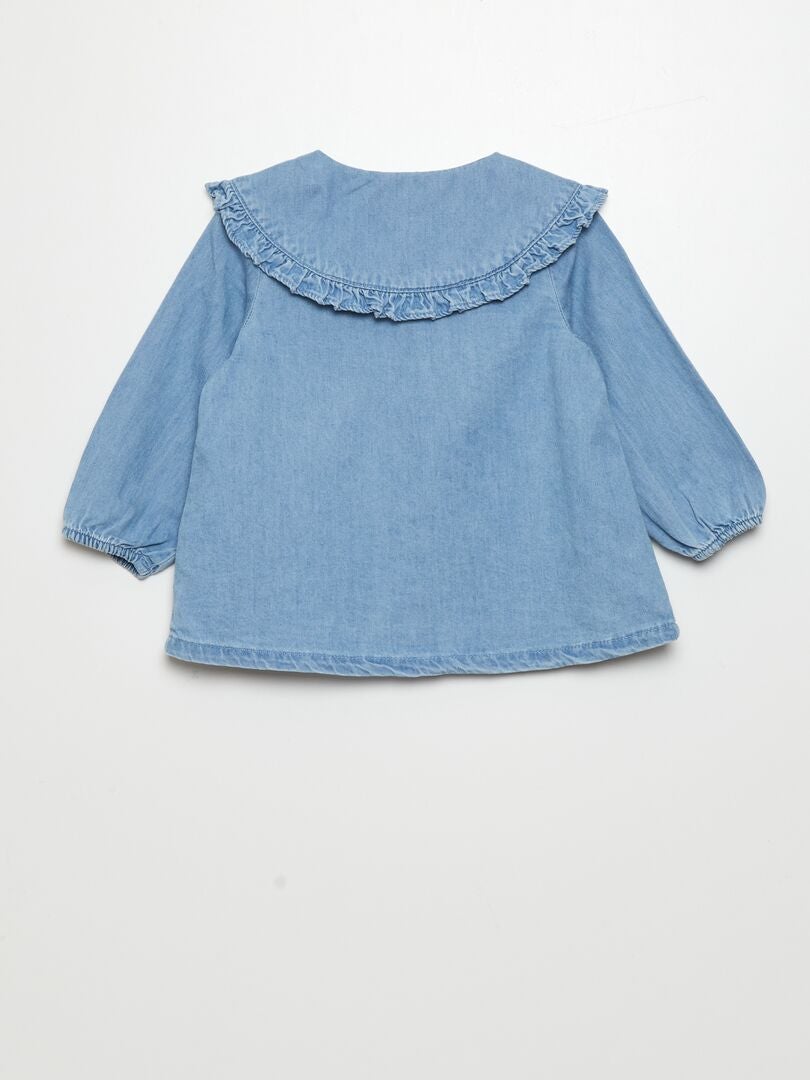 Camisa jeans com gola franzida - AZUL
