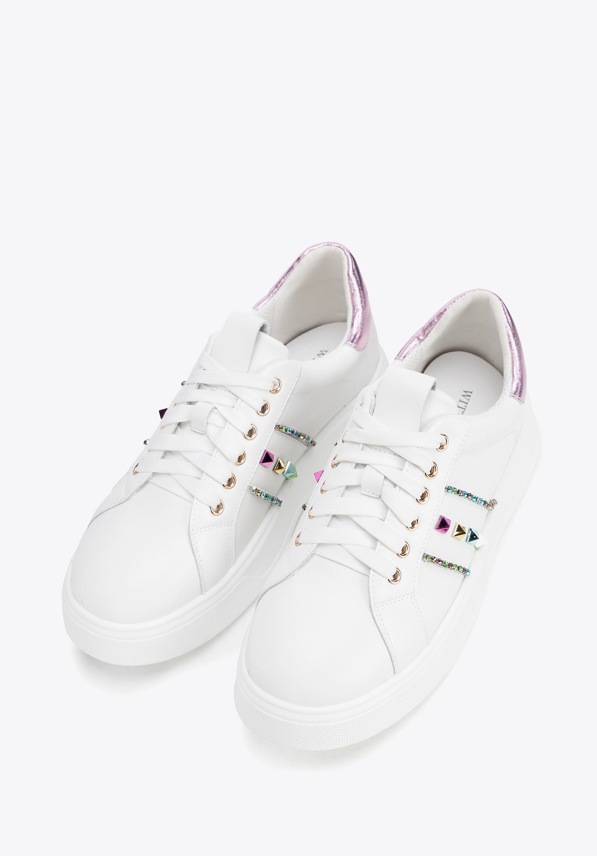 Sneakersy z imitacji skóry z ozdobami biało - różowe