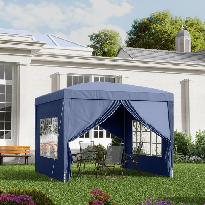 Garden gazebo - Outsunny - pop-up folding party tent with 4 removable walls - steel - 3x3m - blue