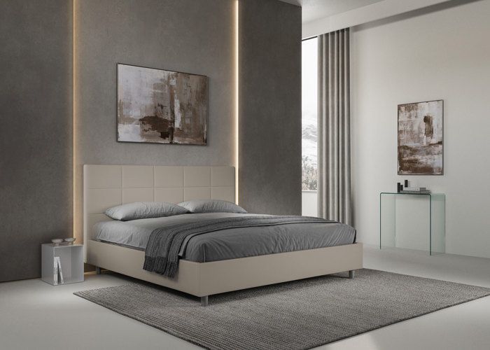 Cama king size con almacenamiento - Ityhome - Mika - 200x210 cm - Piel sintética color topo - Cabecero tapizado