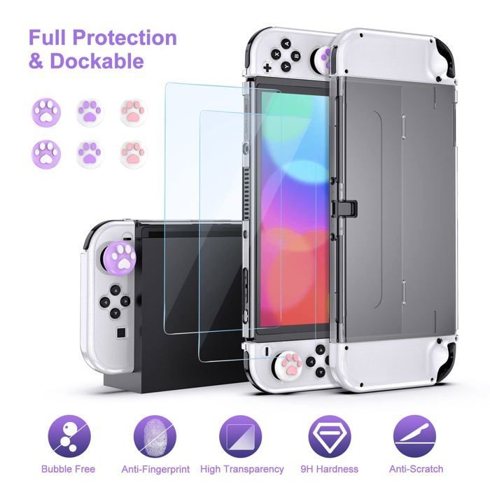 Kit di accessori OLED 19 in 1 per Nintendo Switch: custodia viola chiaro con tasca per giochi e pellicola protettiva per lo schermo.