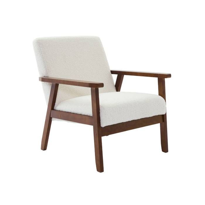 Sillón escandinavo ISAK en madera de caucho teñida de nogal claro con estampado bouclé.