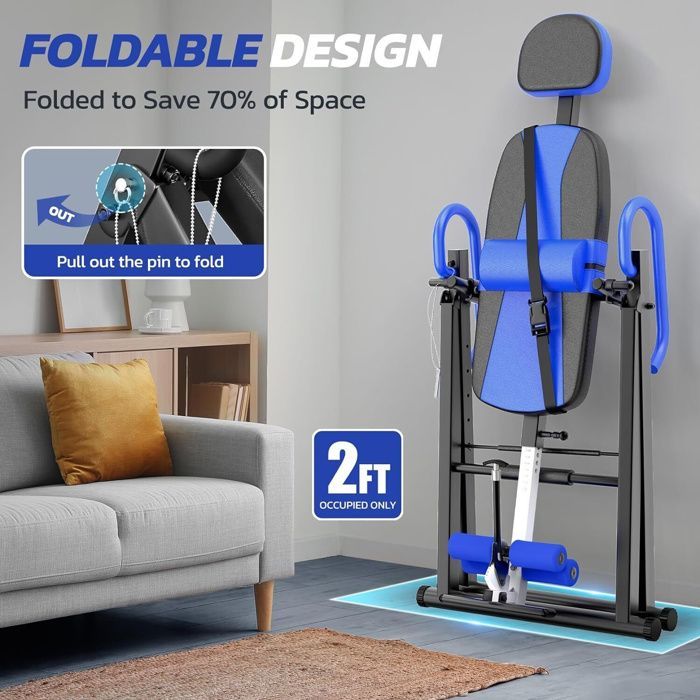 DRIPEX Banc d'inversion réglable Pliable avec Triple Verrouillage,Entraîneur de Gravité avec Ceinture de Sécurité Bleu