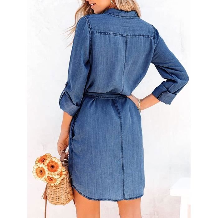 Sommerliches Jeanskleid für Damen, langärmelig, Tunikakleid, lässiges Jeanshemdkleid mit Knopfleiste und Gürtel, dunkelblau