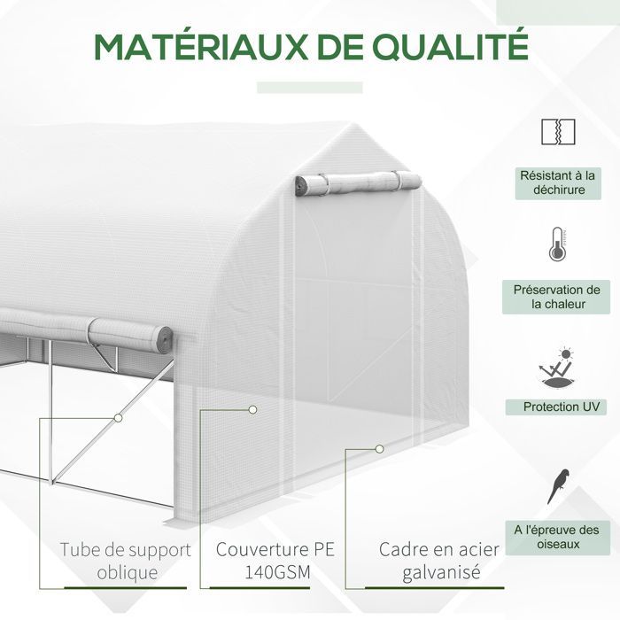 Outsunny 12m² Garden Tunnel Greenhouse (395x300x200cm) - 8-window door with mosquito nets, high-density 140g/m² PE cover - white