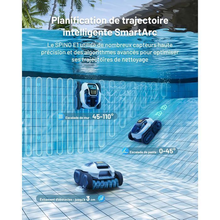 Spino E1 Robot Piscine Sans Fil, Nettoie Fond Parois et Ligne d'Eau, avec App, Trajet SmartArc, 210 Min & 150m² d'Autonomie