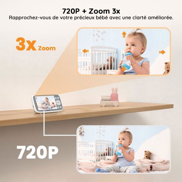 Cámara monitora para bebés 720P, monitor de video para bebés con pantalla de 4 pulgadas, visión nocturna infrarroja invisible, zoom 3X, detección de temperatura.