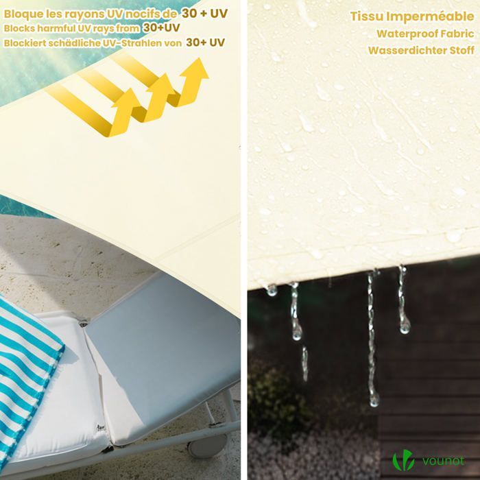Vela de sombra triangular impermeável em poliéster VOUNOT® com kit de montagem 3x3x3m bege